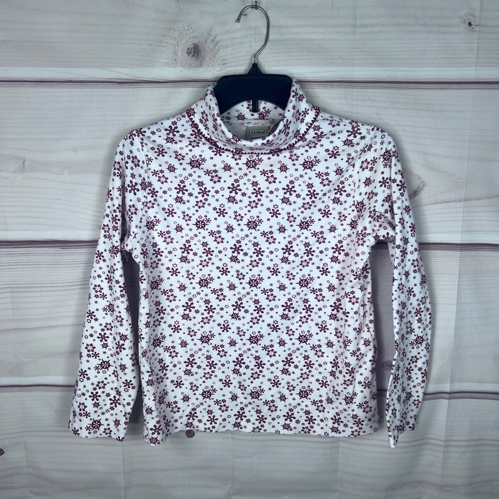 LL Bean Top Girls L Red White Turtleneck T-Shirt Snowflake Graphic Long Sleeve